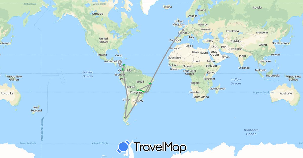 TravelMap itinerary: driving, bus, plane, cycling, boat in Argentina, Brazil, Colombia, France, Panama (Europe, North America, South America)